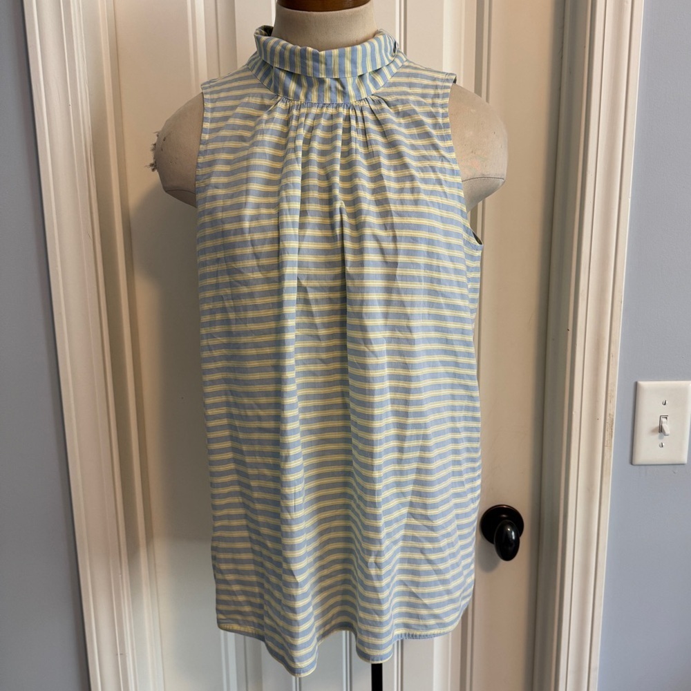 Ann Mashburn Medium Sleeveless Blouse Top ~ Blue Yellow Stripe High Neck w/ Tie